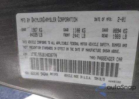 2001 Chrysler Sebring Lxi z USA, uszkodzony, nr VIN 1C3EL55U61N638770